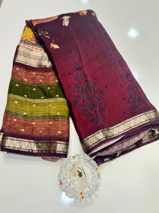 Mysore-Style Viscose Crepe Saree with Zari Border and Digital Heritage Print for Women