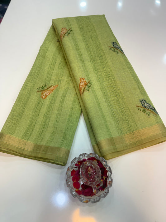 Ghicha cotton saree with bird motif pallu and tassel border, printed cotton saree for women