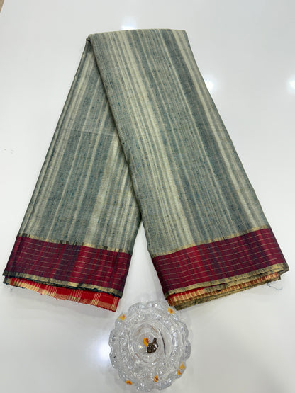 Handloom Style Katan Silk Saree with Red Zari Border – Elegant Office & Festive Wear Saree for Women