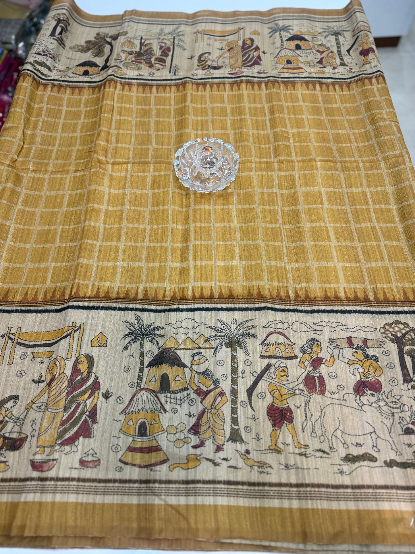 Spider Silk Saree with Folk Art Print Border and Tassel Pallu