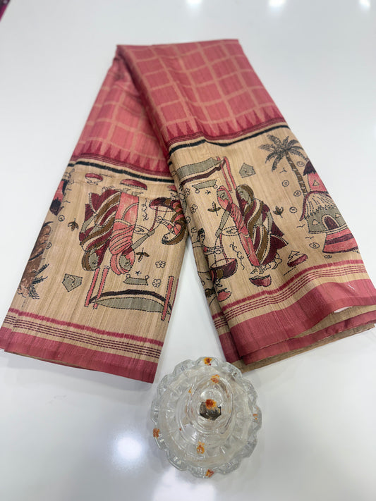 Spider Silk Saree with Folk Art Print Border and Tassel Pallu