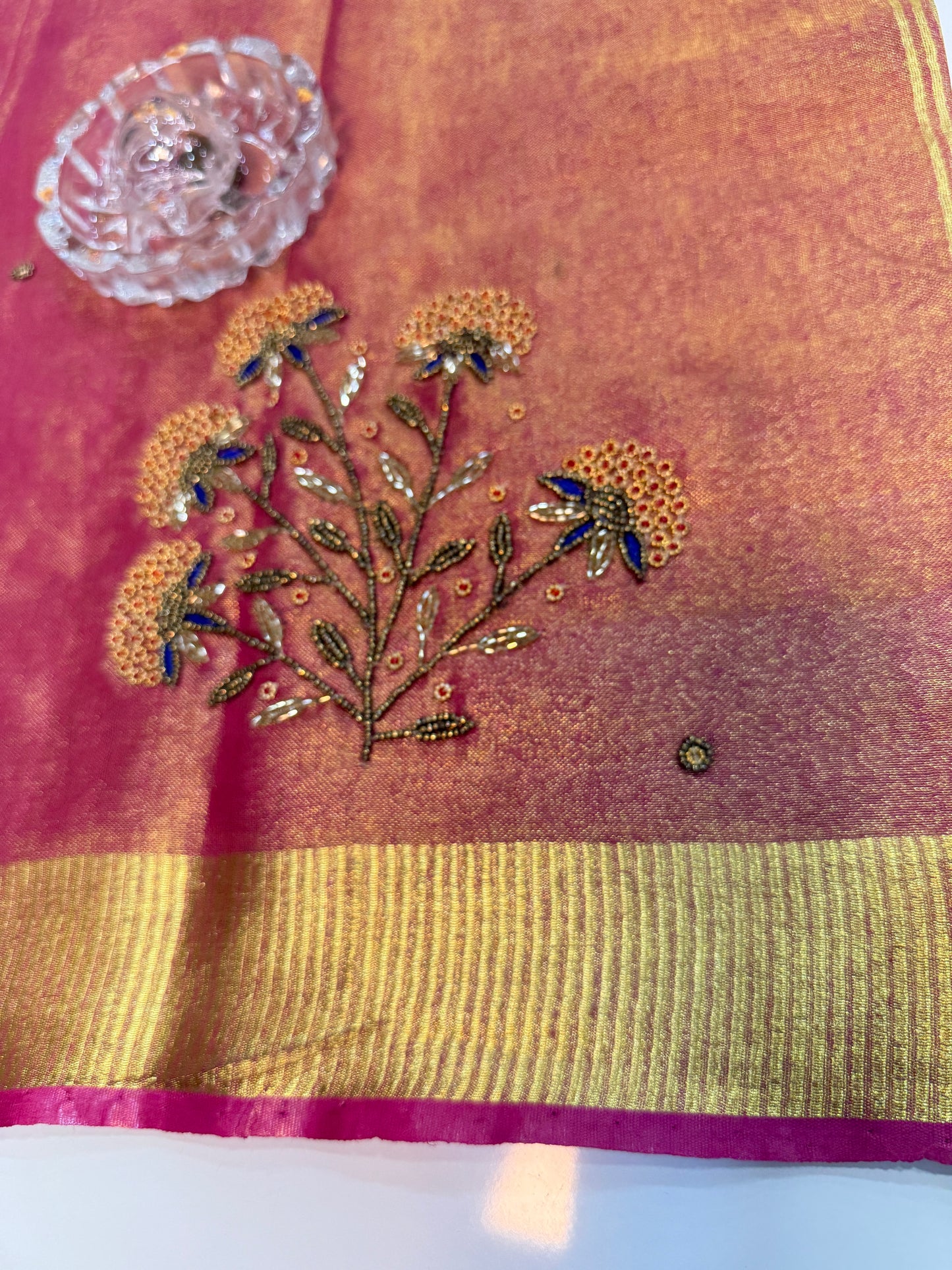 Pure Tissue 150 Count Linen Handloom Saree with Handwork and Running Blouse for Women