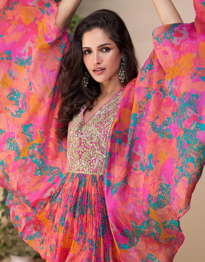 Premium Real Chinon Silk Poncho Style Embroidered Top with Palazzo – Free Size Stitched