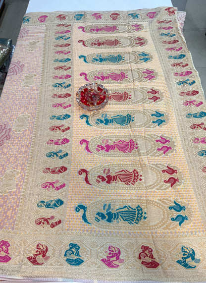 Pure Kaddi Georgette Zari Weaving Saree in Ivory Cream with Multi-Colour Meenakari-Style Floral Design – Festive and Wedding Wear Saree for Women