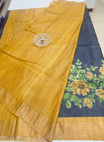 Pure Tussar Ghicha Silk Saree with Zari Border and Printed Design – Silk Mark Certified Handloom Saree