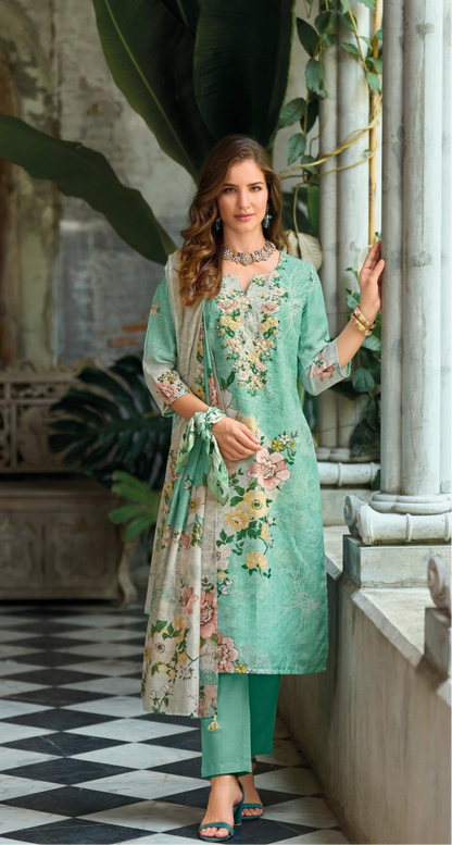 Women’s Linen Schiffli Embroidered Kurta Set with Cotton Pant and Viscose Mal Dupatta – L to 3XL
