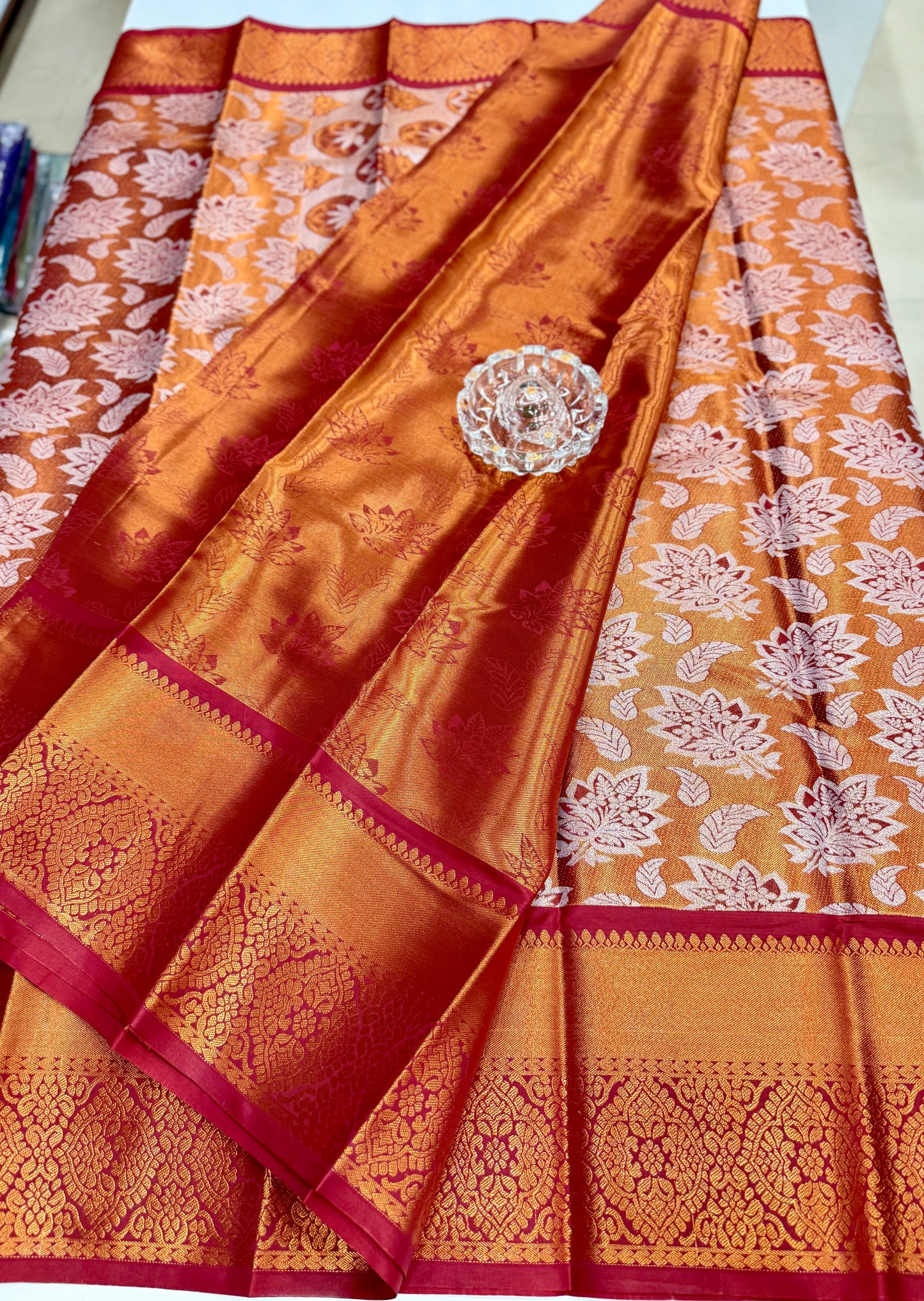 Bridal tissue saree for women with woven zari work and contrast border, kanchipuram style powerloom saree with blouse fabric