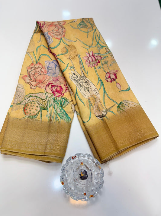 Pure Crepe Silk Saree with Digital Print and Zari Border – Elegant Festive and Wedding Saree for Women