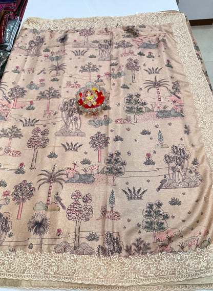 Ernakulam Silk-Blend Embroidered Saree with Printed Design and Lace Border – Festive Wear for Women