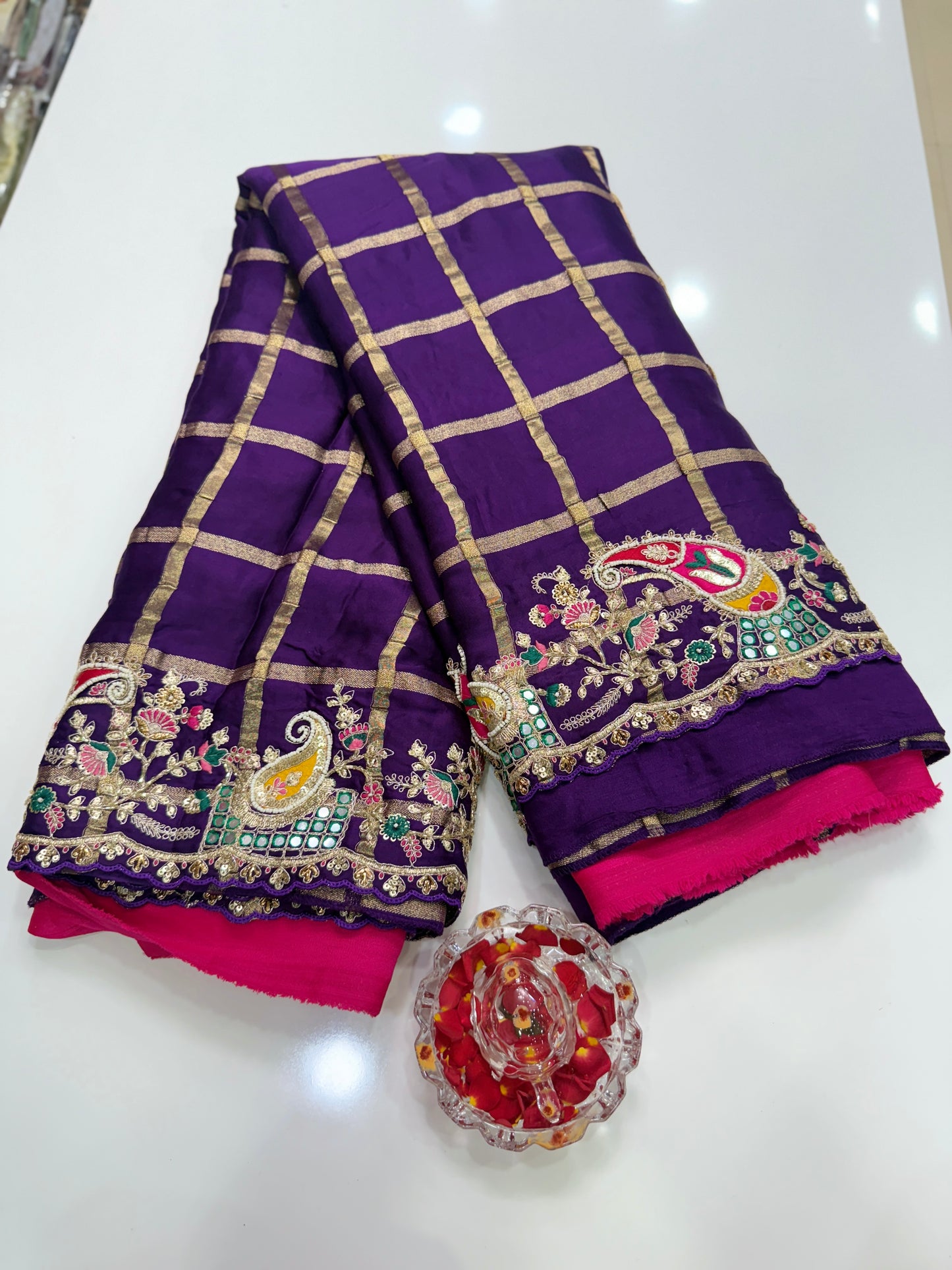 Purple Pure Gajji Silk Saree with Zari, Thread, Moti, Cut Dana & Mirror Heavy Work – Bridal and Festive Wear Saree for Women