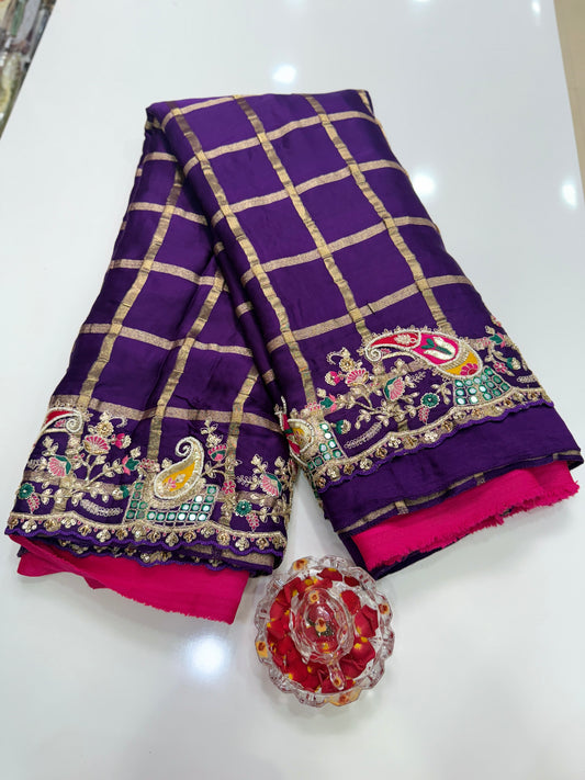Purple Pure Gajji Silk Saree with Zari, Thread, Moti, Cut Dana & Mirror Heavy Work – Bridal and Festive Wear Saree for Women