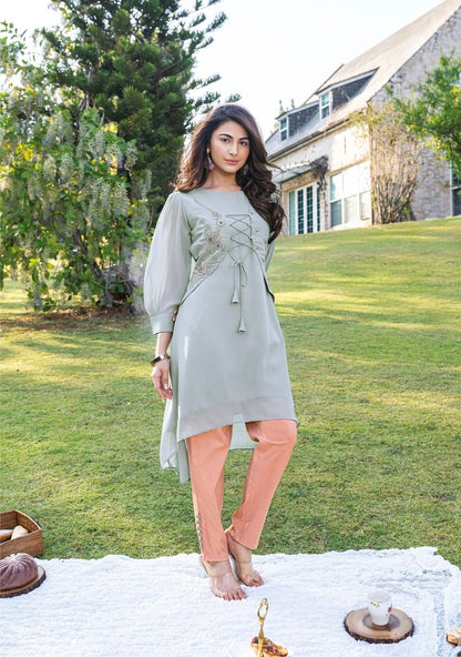 Georgette Designer Kurti Pant Set for Women with Handwork and Cotton Lycra Bottom