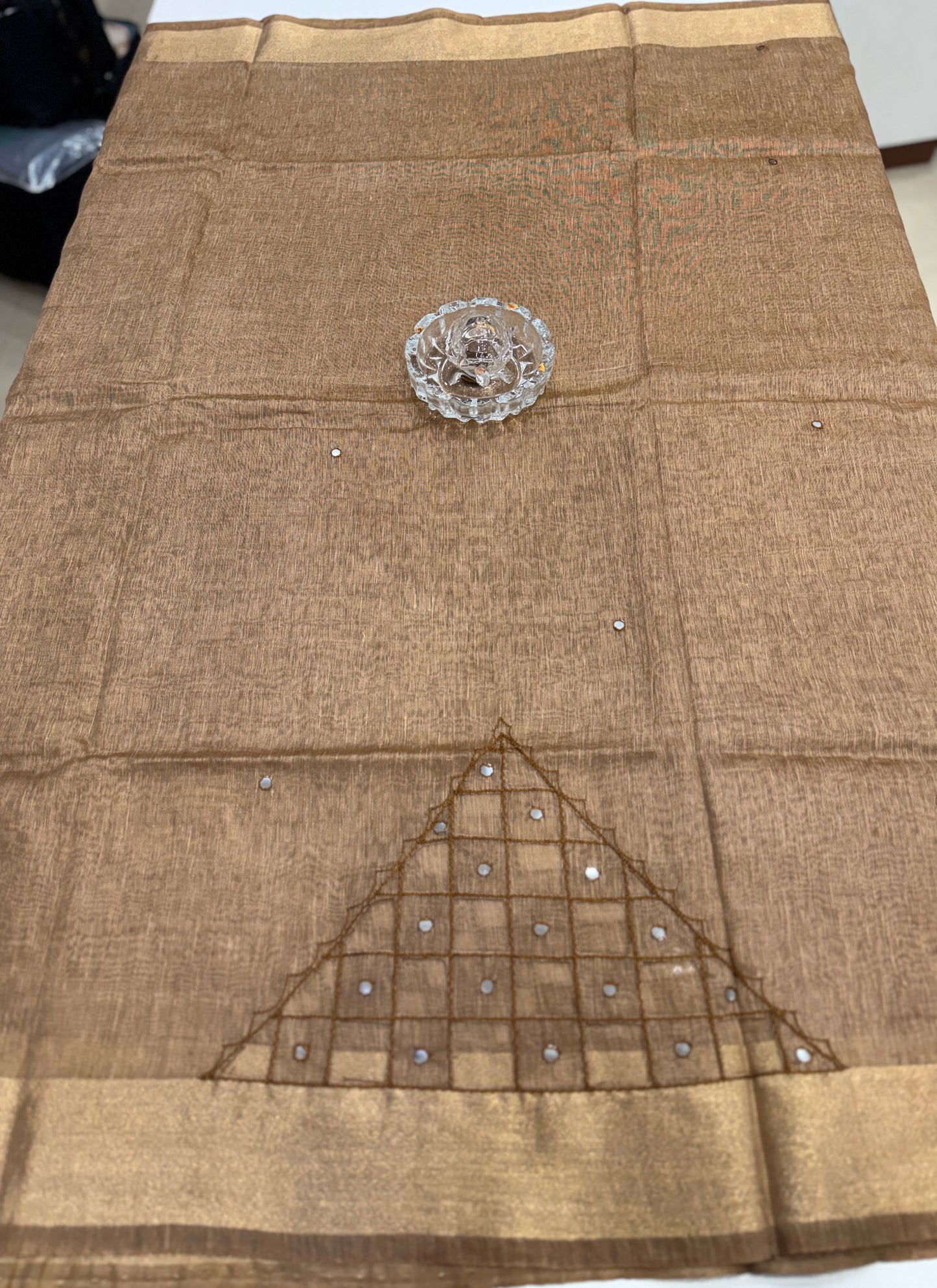 Pure Tissue 150 Count Linen Handloom Saree with Handwork and Running Blouse for Women