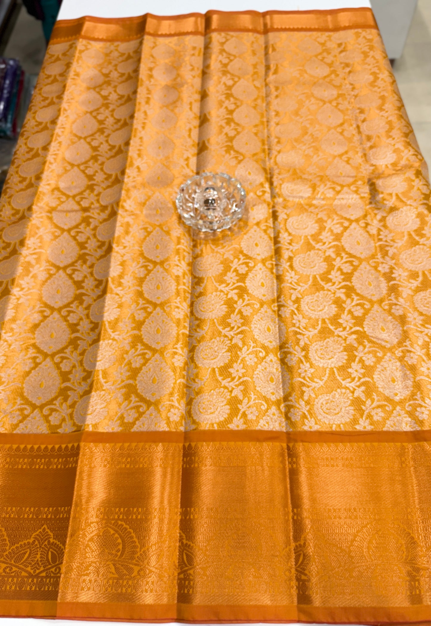 Bridal tissue saree for women with woven zari work and contrast border, kanchipuram style powerloom saree with blouse fabric