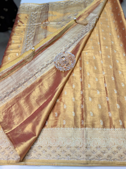 Rich Tissue Silk Saree with Heavy Zari Weaving and Ornate Border for Women