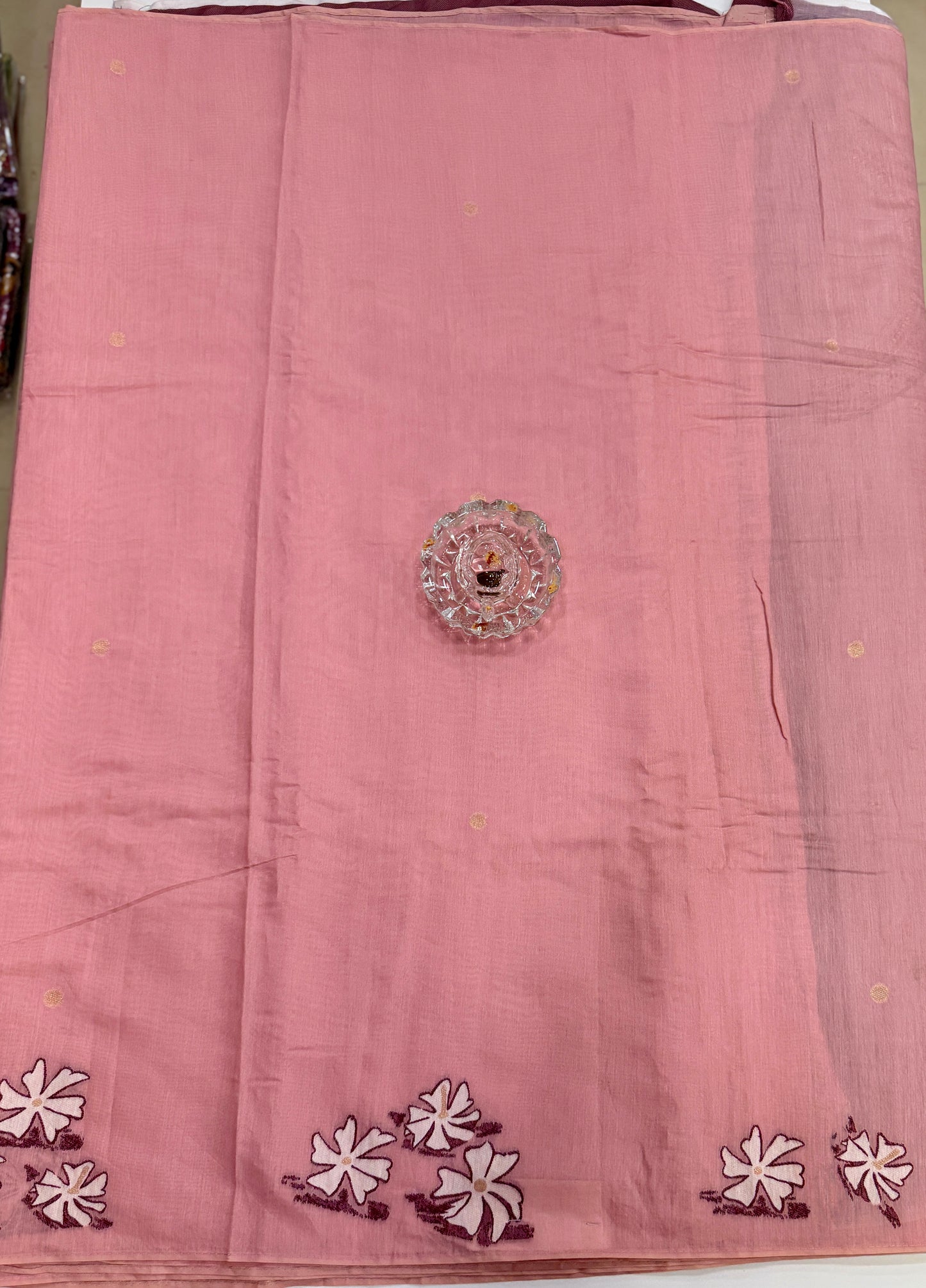 Pink kora silk style viscose saree with woven motifs and embroidered unstitched blouse fabric for festive wear