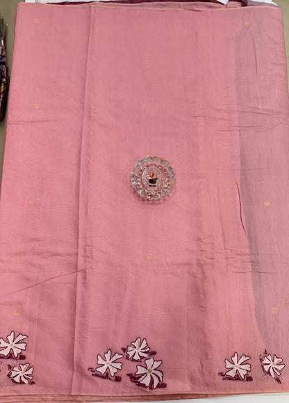 Pink kora silk style viscose saree with woven motifs and embroidered unstitched blouse fabric for festive wear