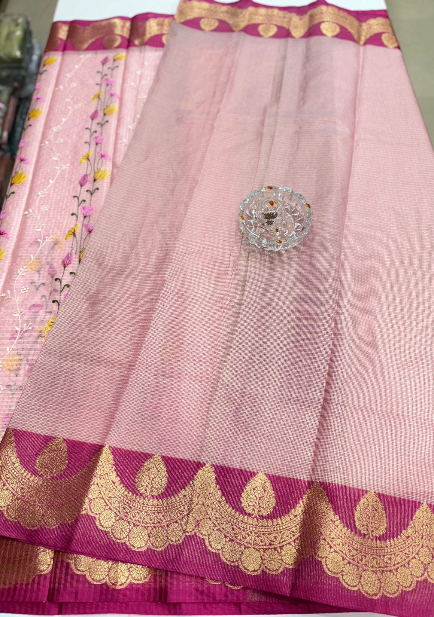 Banarasi handloom Kota check saree with mina embroidery, scalloped border and zari chit pallu