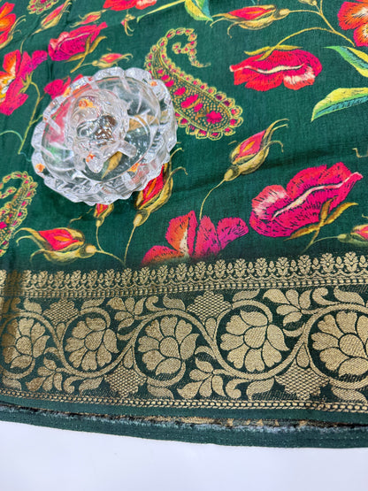 Pure Viscose Crepe silk saree with digital floral print and woven zari border for women