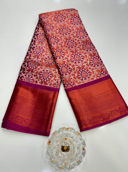 Bridal tissue saree for women with woven zari work and contrast border, kanchipuram style powerloom saree with blouse fabric