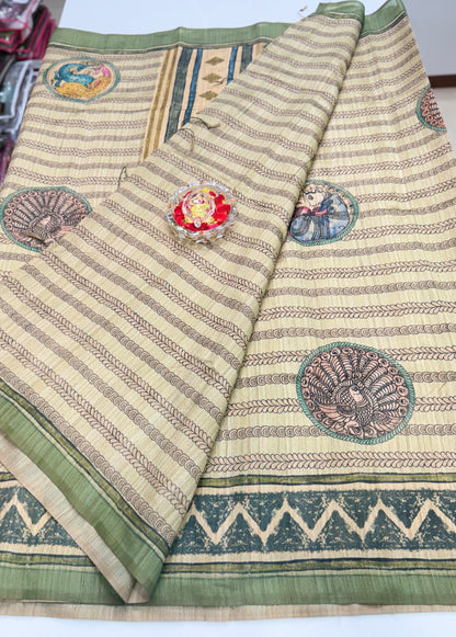 Silk Blend Printed Saree with Traditional Art Motifs and Glossy Texture – Festive Wear for Women