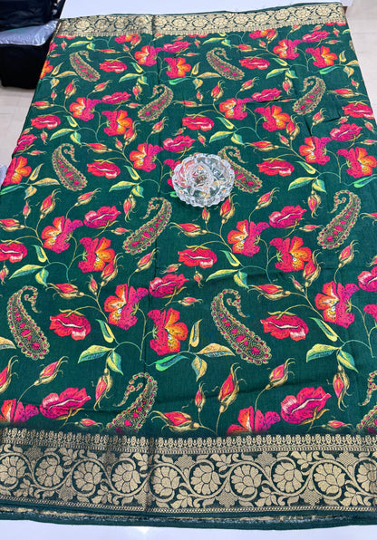 Pure Viscose Crepe silk saree with digital floral print and woven zari border for women