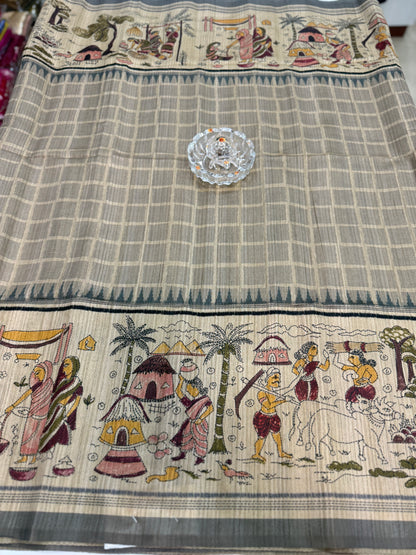 Spider Silk Saree with Folk Art Print Border and Tassel Pallu