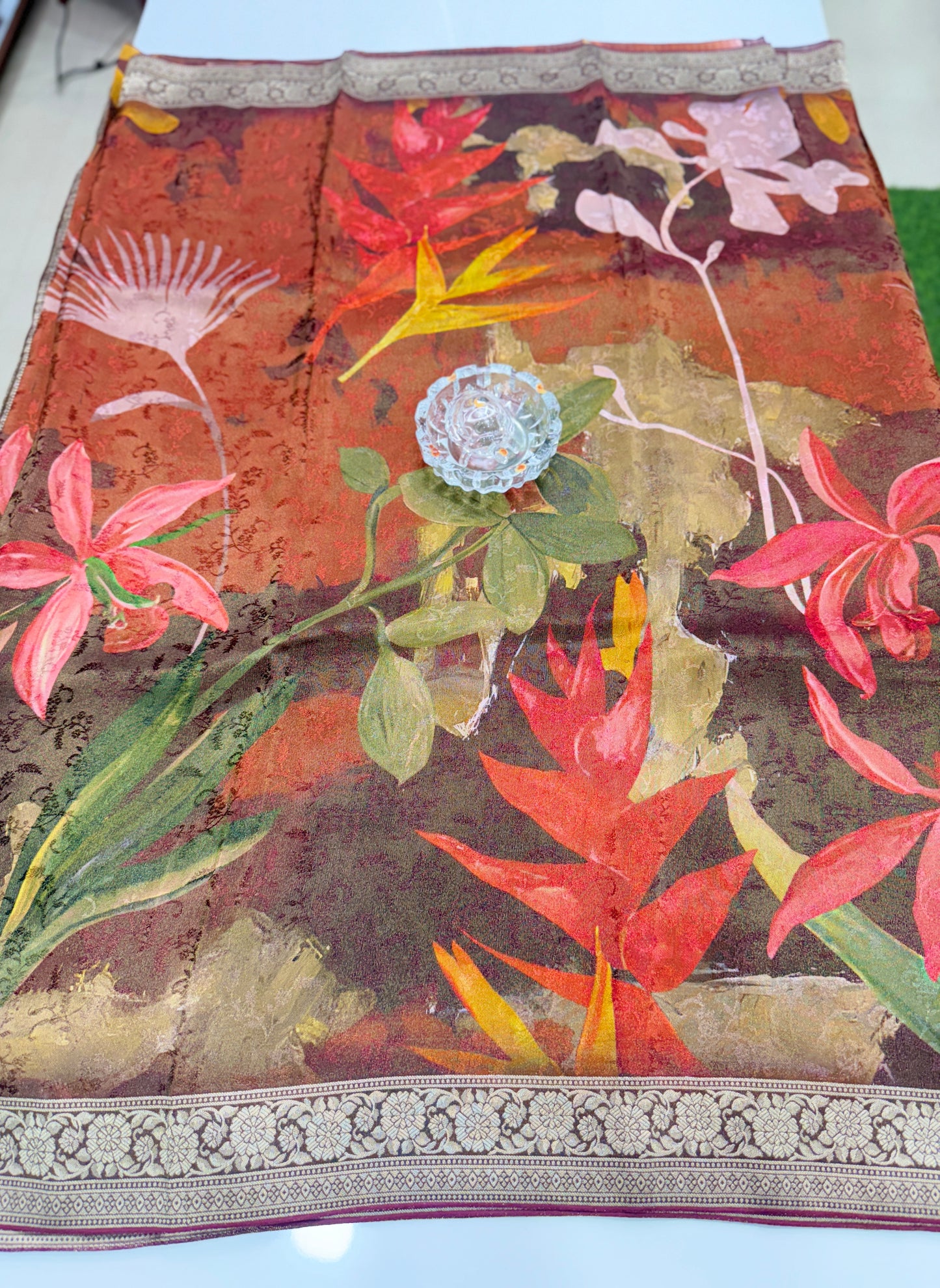 Tissue Zari Silk Saree with Digital Print and Woven Border – Premium Festive and Wedding Saree for Women