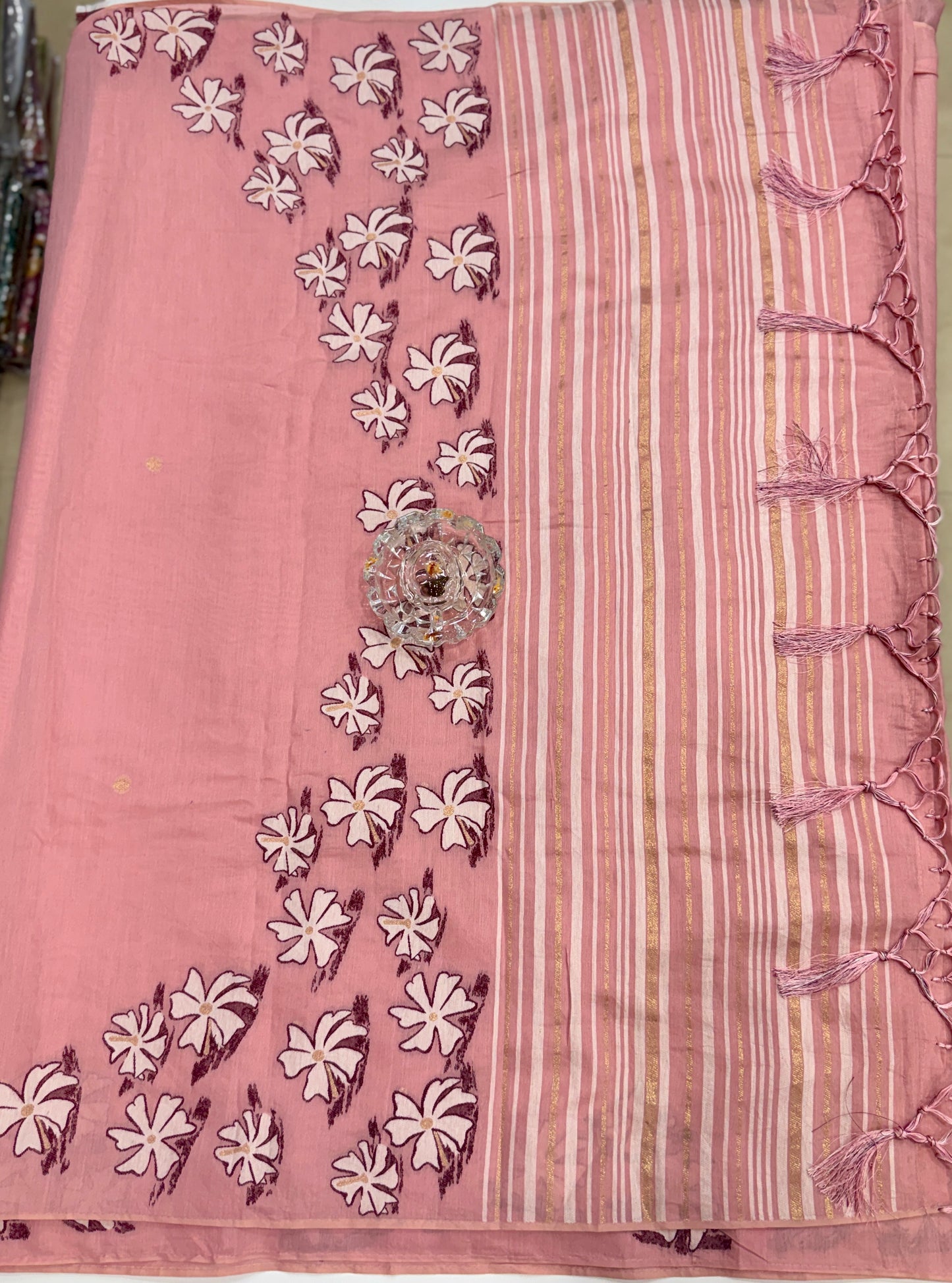 Pink kora silk style viscose saree with woven motifs and embroidered unstitched blouse fabric for festive wear
