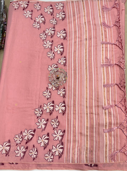 Pink kora silk style viscose saree with woven motifs and embroidered unstitched blouse fabric for festive wear