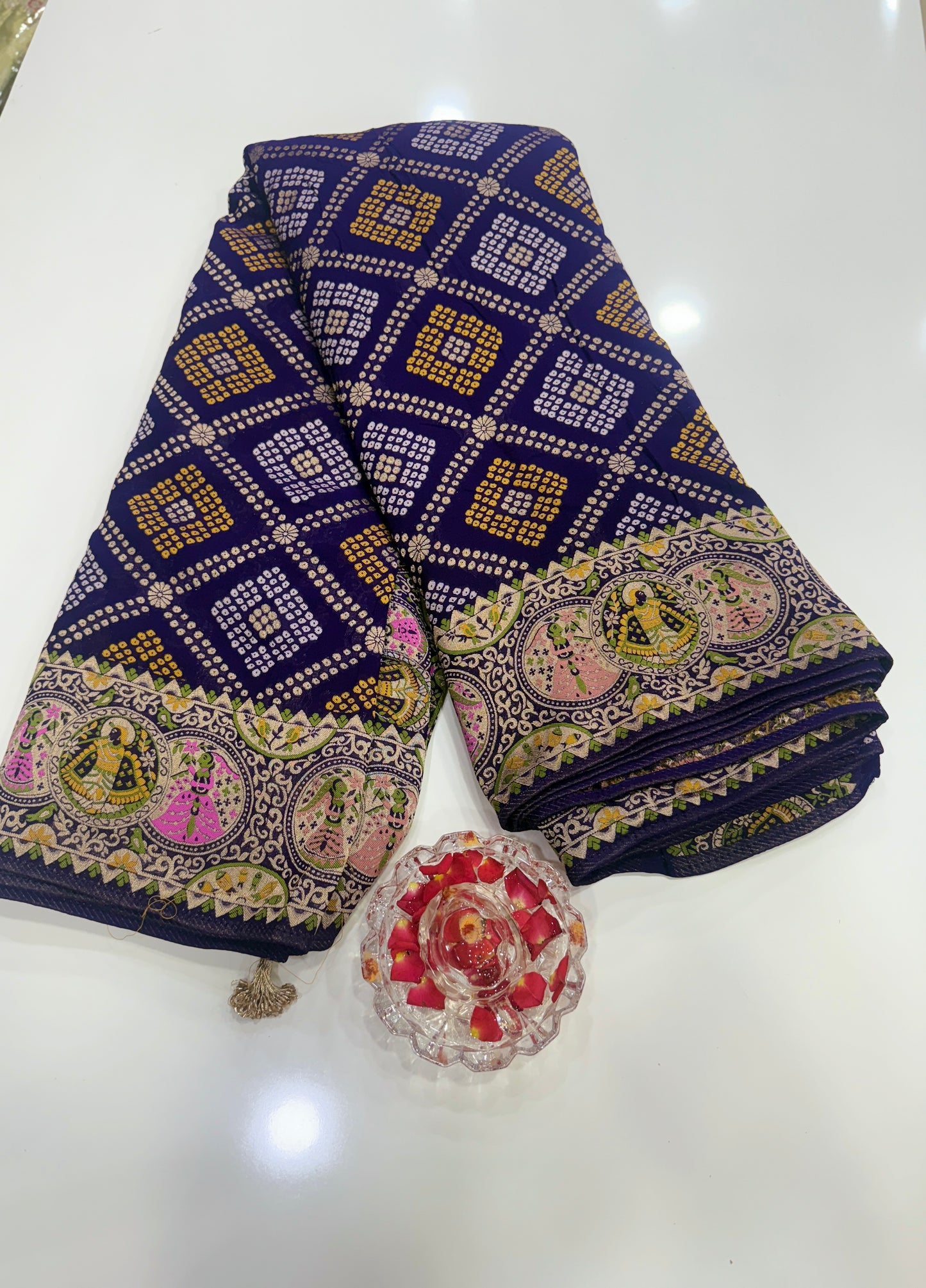 Pure Kaddi Georgette Zari Weaving Saree in Royal Blue with Bandhej-Inspired Checked Pattern and Traditional Border – Festive & Wedding Wear for Women