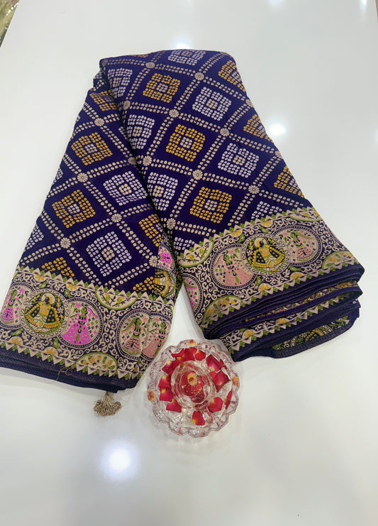 Pure Kaddi Georgette Zari Weaving Saree in Royal Blue with Bandhej-Inspired Checked Pattern and Traditional Border – Festive & Wedding Wear for Women