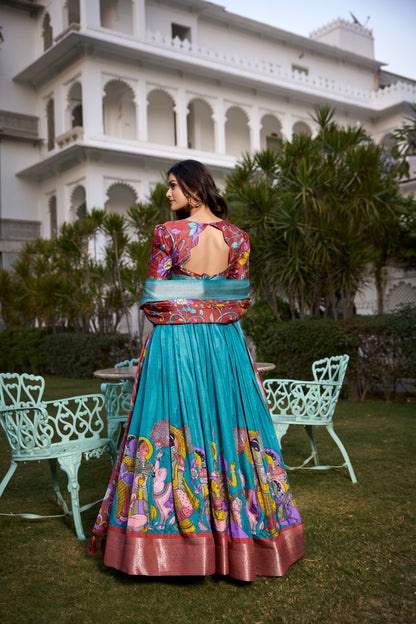Printed Kalamkari Lehenga With Zari Weaving Border