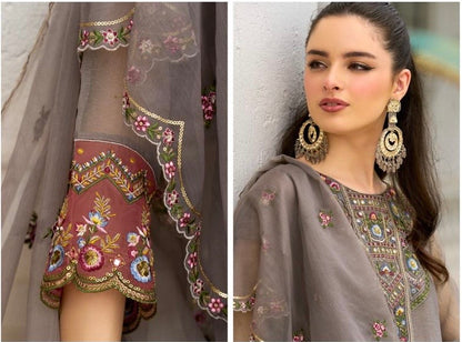 Organza Crush 3-Piece Suit Set with Embroidery, Handwork and Muslin Inner for Women