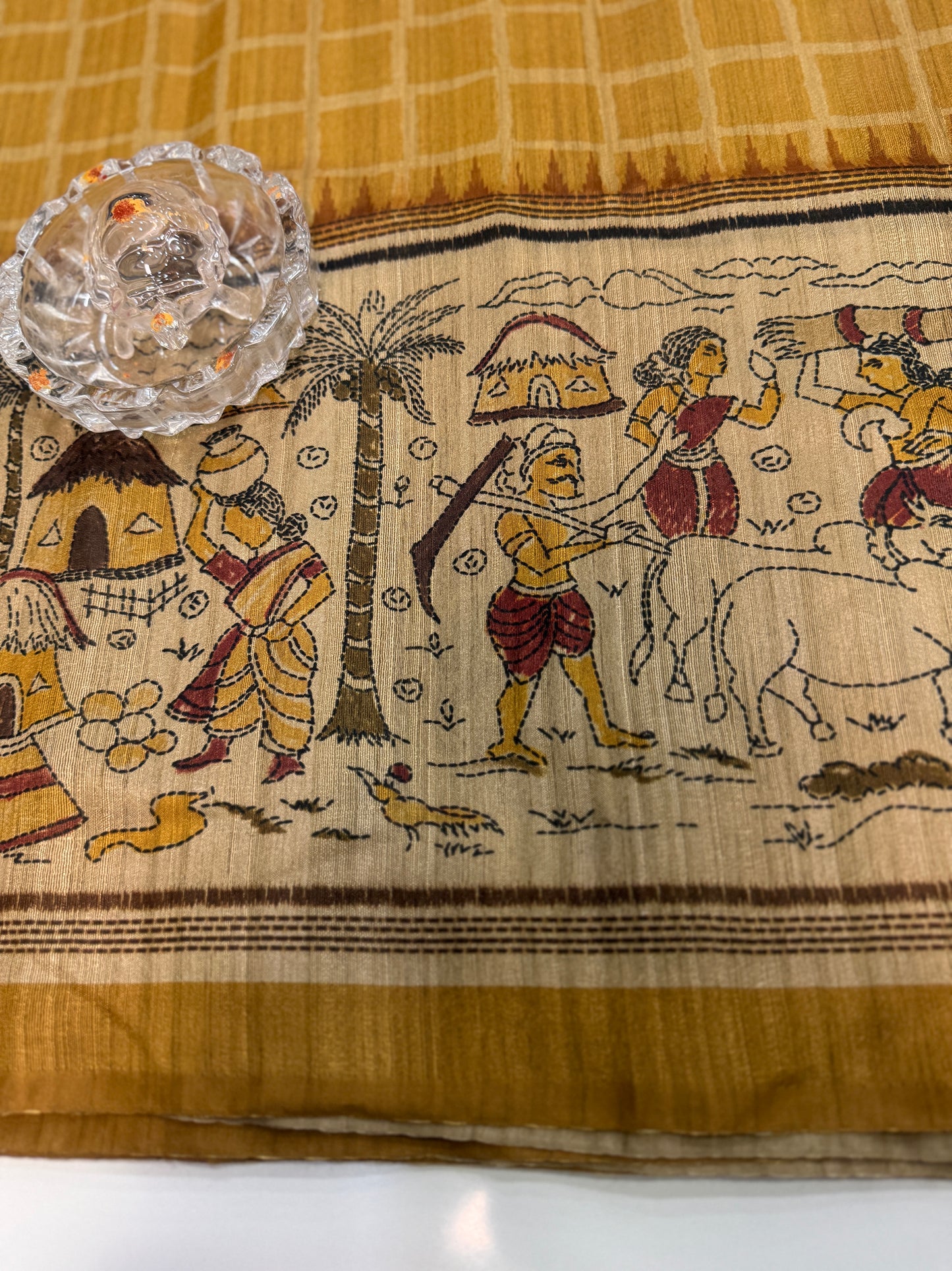 Spider Silk Saree with Folk Art Print Border and Tassel Pallu