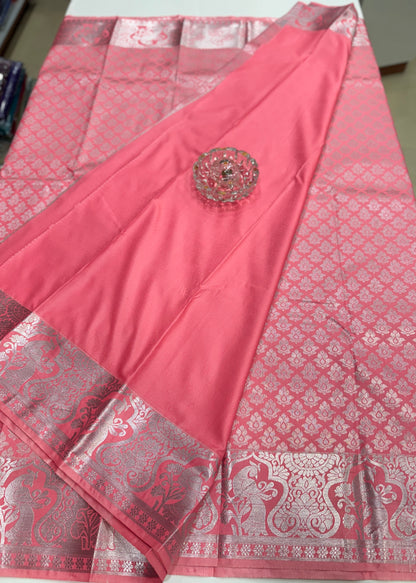 Traditional Kanchipuram Style Silk Saree for Women with Zari Border and Blouse Piece | Power-loom Woven Saree