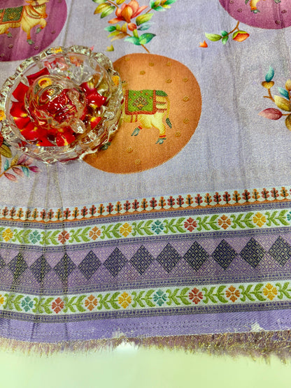 Pure Ziraf Silk Printed Saree with Elephant and Floral Motifs – Lightweight Soft Silk Saree for Women