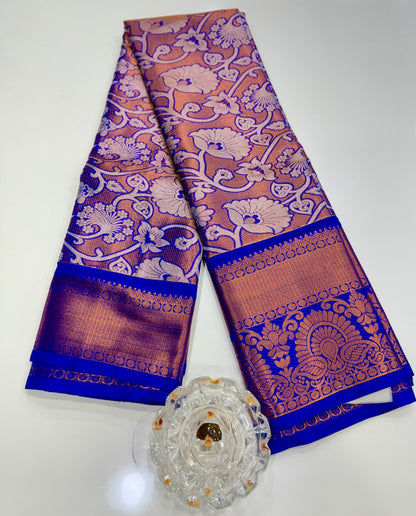 Bridal tissue saree for women with woven zari work and contrast border, kanchipuram style powerloom saree with blouse fabric