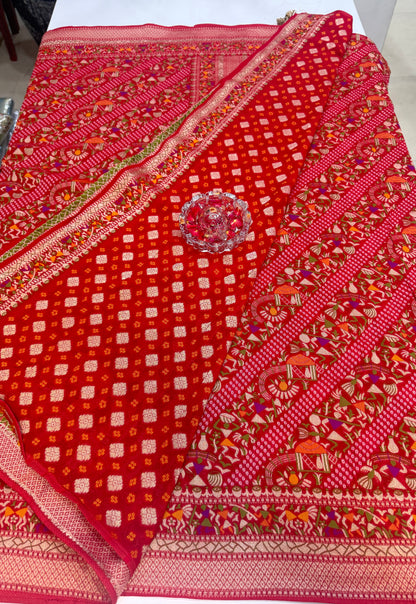 Pure Kaddi Georgette Zari Weaving Saree in Rust Orange with Antique Gold Pattern and Traditional Floral Borders – Festive & Wedding Wear for Women