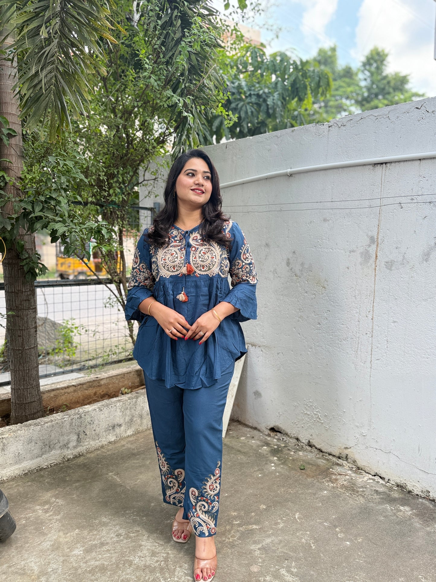 Embroidered Cotton Blend Kurta Pant Set with Bell Sleeves and Hem Work for Women