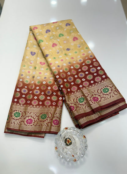 Banarasi dupiyan bandhani saree with semi-weaving neemjari work and hand chunri craftsmanship