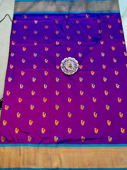 Paithani Soft Silk Saree with Zari Weaving and Contrast Blouse