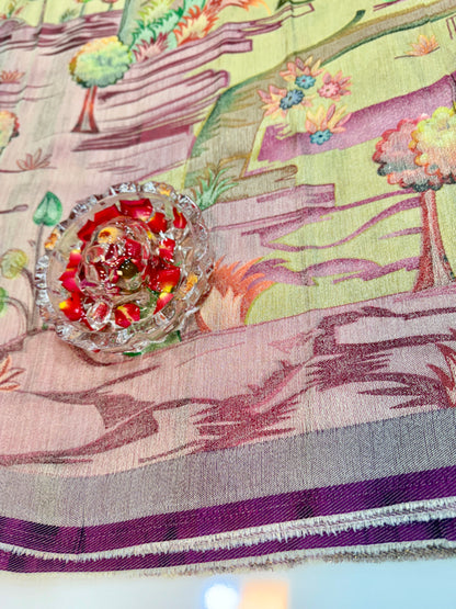 Pure Ziraf Silk Peacock Print Saree with Colorful Nature Motifs and Geometric Border – Soft Silk Printed Saree for Women