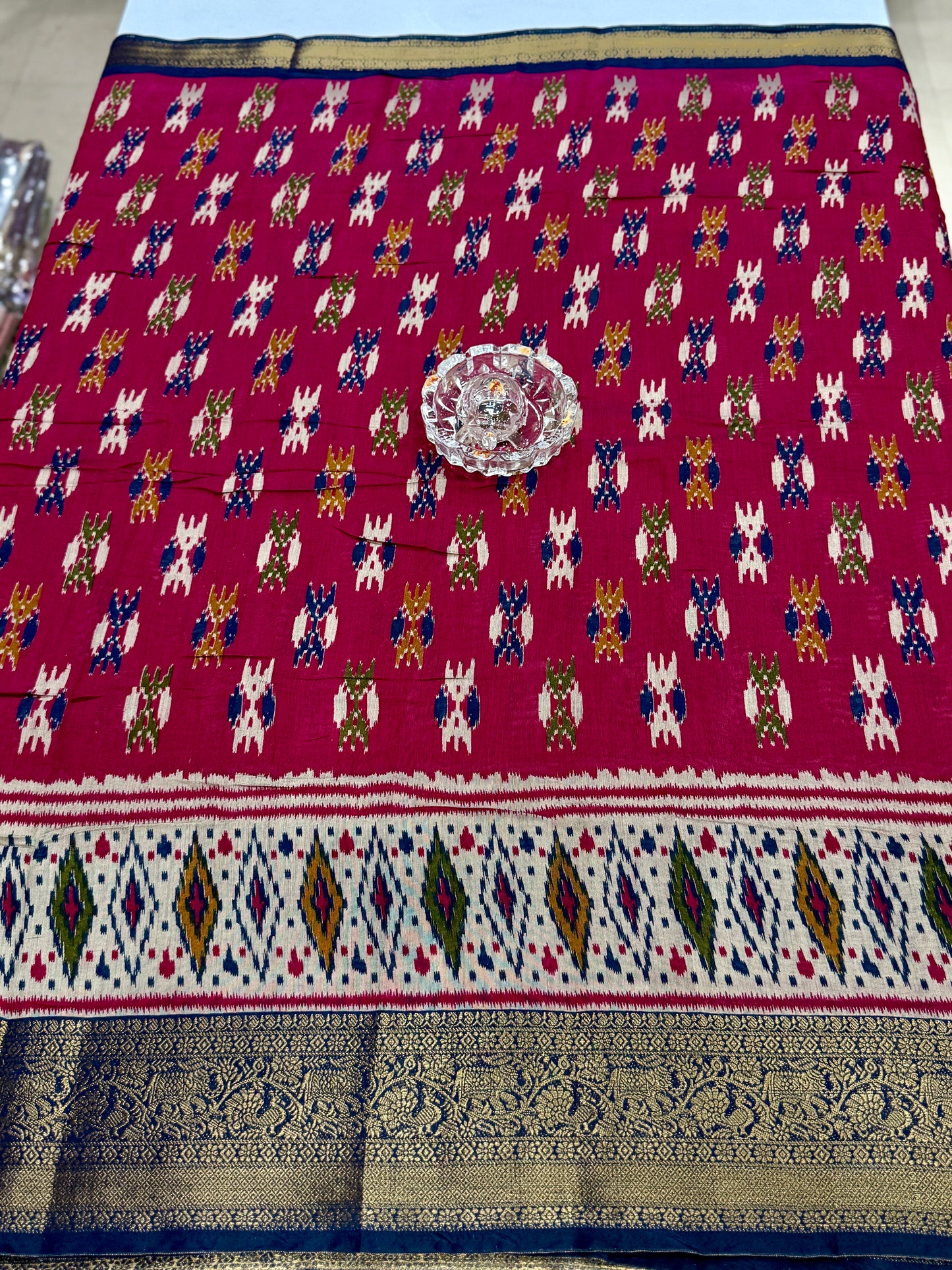 Semi Maheshwari Silk Saree with Zari Border & Ikat Style Weaving for Women