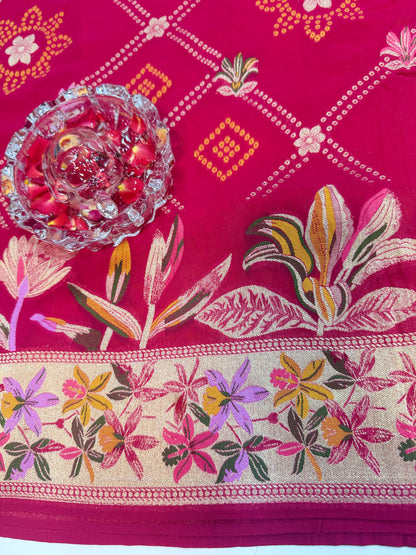 Pure Kaddi Georgette Zari Weaving Saree in Fuchsia Pink with Floral Jaal and Heavy Pallu – Festive and Wedding Wear Saree for Women