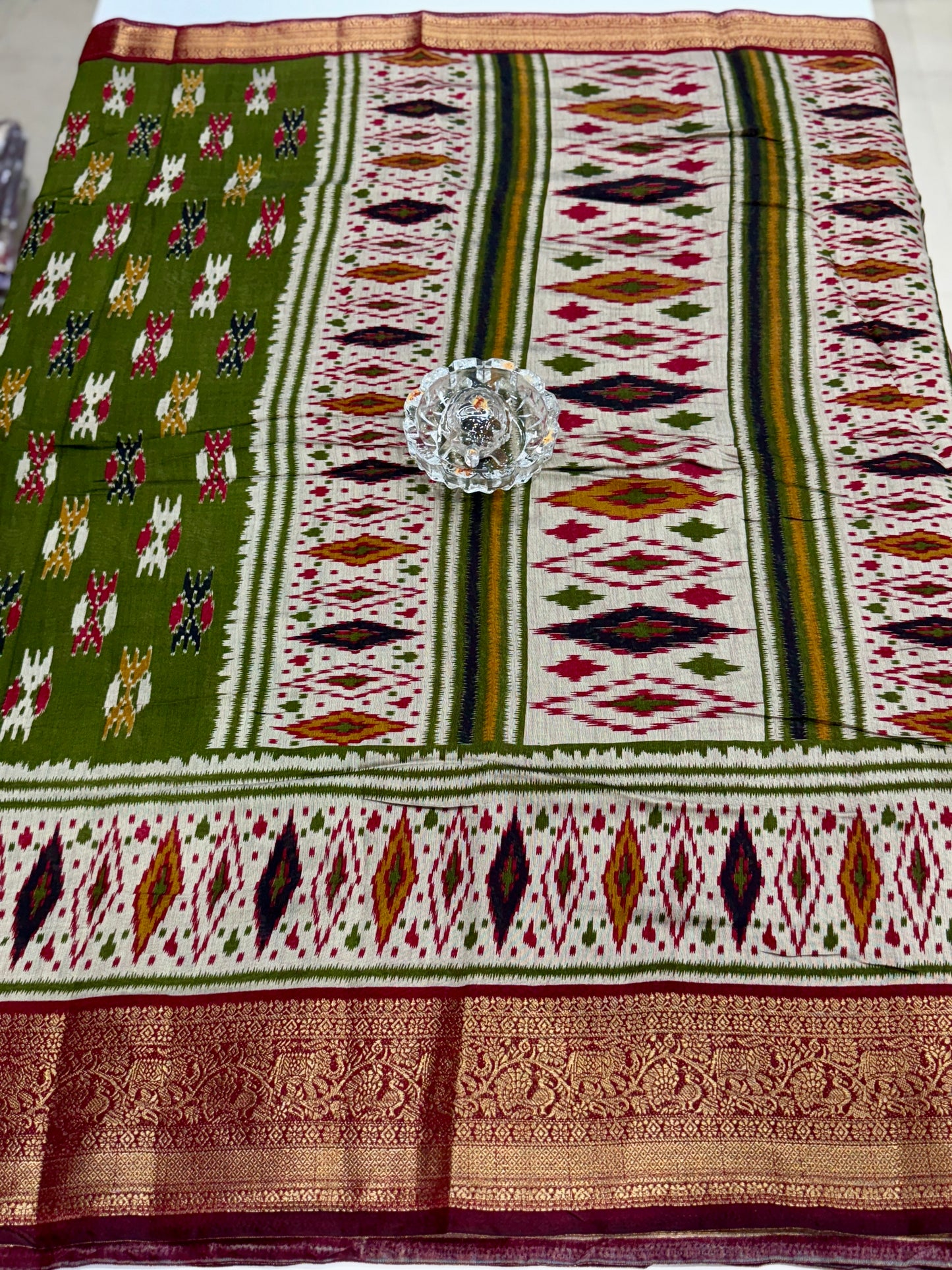 Semi Maheshwari Silk Saree with Zari Border & Ikat Style Weaving for Women