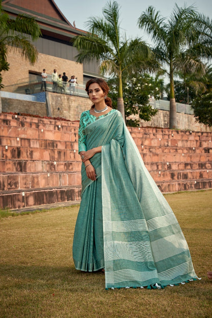 linen silk saree with striped design and border – lightweight ethnic wear for women