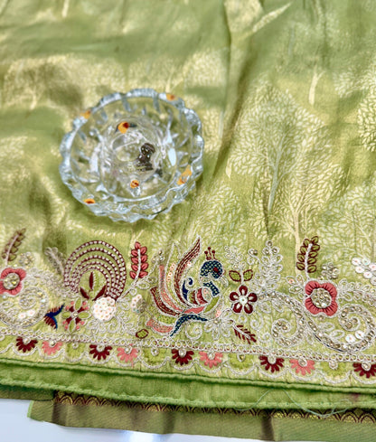 Tissue Silk Saree with Embroidery, Sequin, and Mirror Work Border – Festive Saree for Women