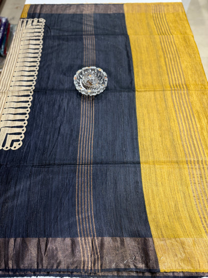 Pure Tussar Ghicha Silk Saree with Zari Border and Printed Design – Silk Mark Certified Handloom Saree