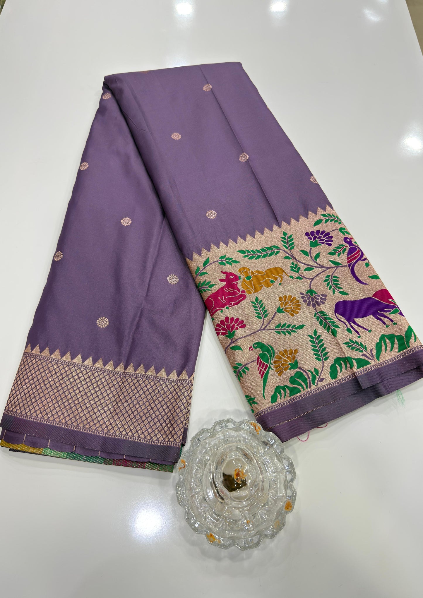 Paithani printed soft silk saree with zari-style border and contrast blouse for women